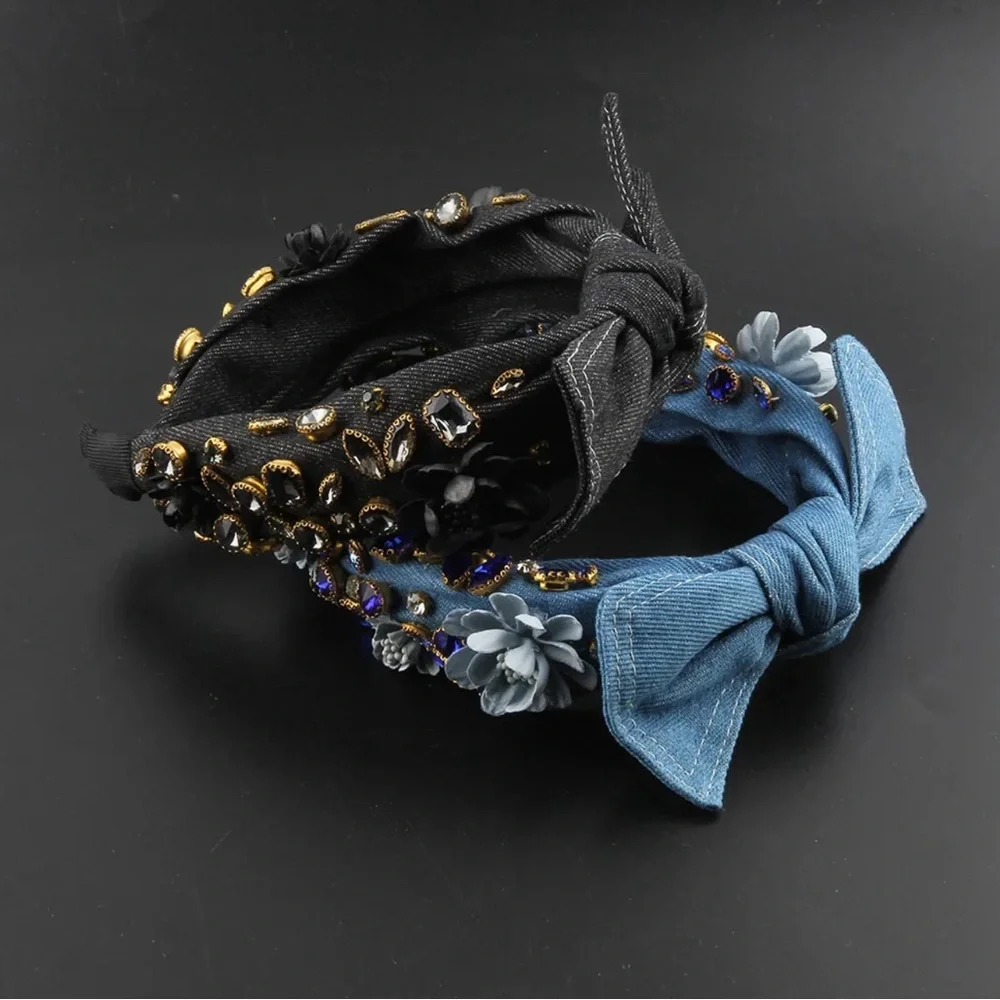 New! The “Baroque Cowboy” Rustic Denim And Rhinestone Bow Headband